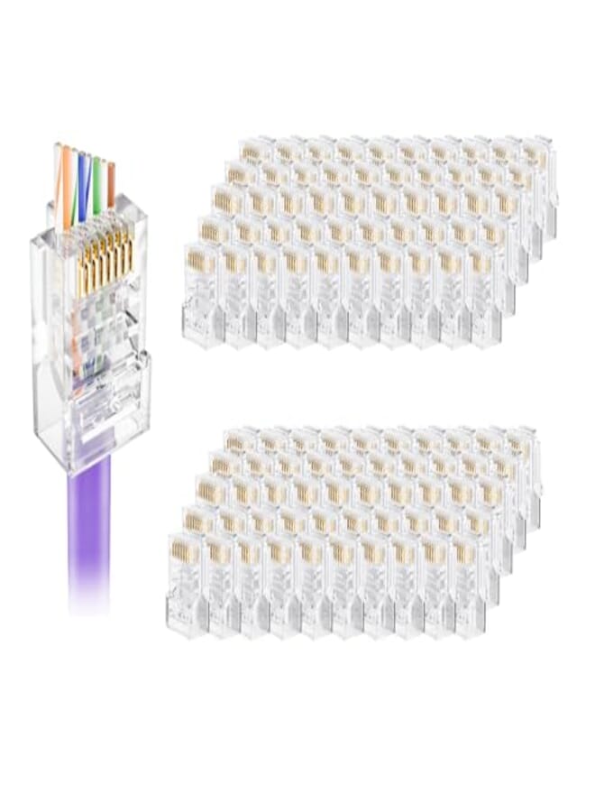 VCELINK Cat5e Connectors RJ45 Pass Through 100-Pack with Longer Guide Rails for Easy Cable Insertion, Cat 5 connectors, EZ Cat 5e Ends rj45 Modular Plugs for Solid or Stranded UTP Network Cable